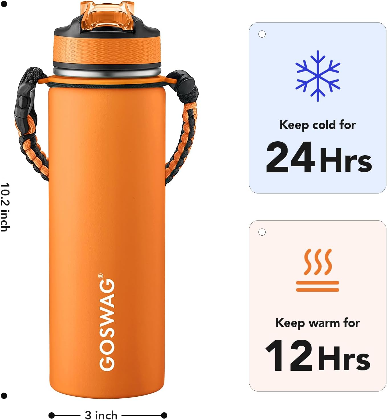 GOSWAG Insulated Sports Water Bottle, 24oz 2 Lids(with Straw/No Straw), Stainless Steel Water Bottles with Paracord Handle, Insulated Bottle with Double-Wall Vacuum Insulation