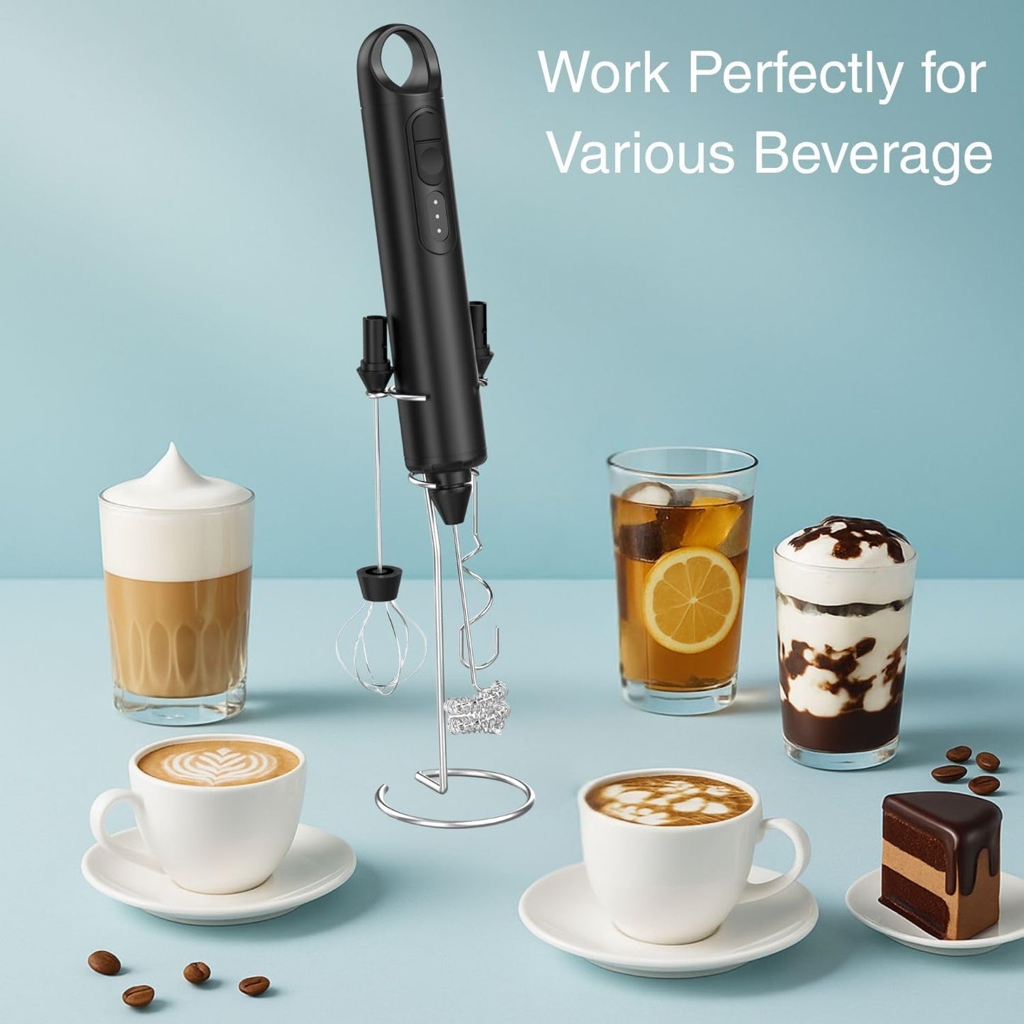 Rechargeable Milk Frother Handheld 3 Speed Coffee Foamer [3 Whisk] Electric Drink Mixer for Latte, Cappuccino, Coffee, Eggs, Hot Chocolate, Protein Black