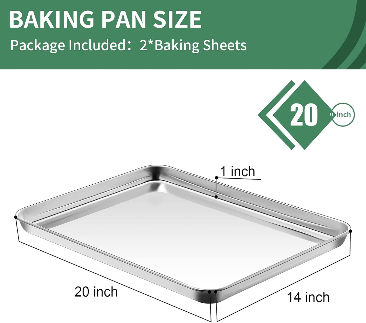 Baking Sheets Set of 2, HKJ Chef Cookie Sheets 2 Pieces Stainless Steel Baking Pans & Toaster Oven Tray Pans, Rectangle Size 20L x 14W x 1H inch & Non Toxic & Healthy & Easy Clean