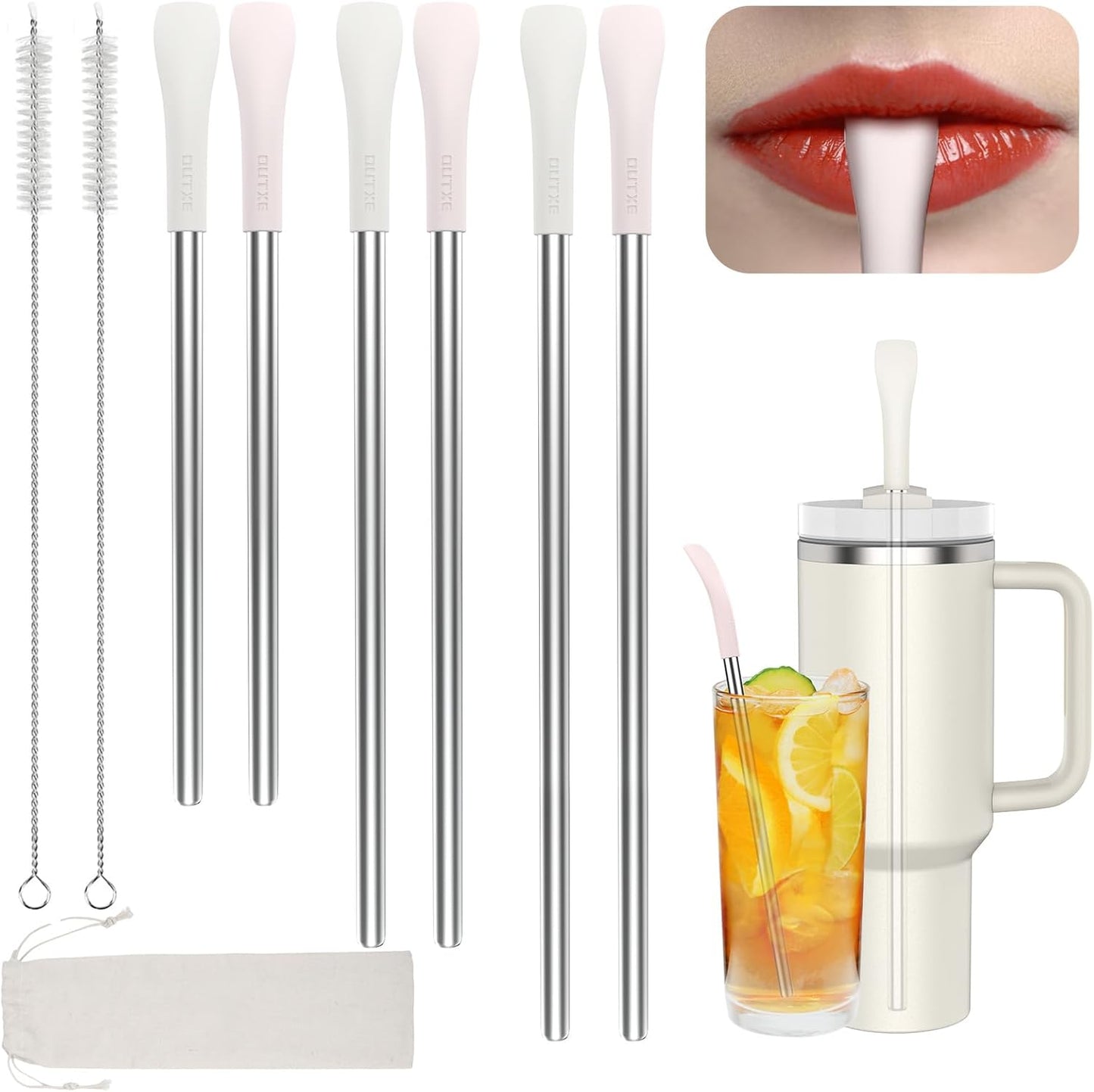 OUTXE Anti Wrinkle Straw 6 Pcs, Flat Wide Drinking Straw for Stanley Cup 40 oz 30 oz, Reusable Wrinkle Free Long Stainless Steel Metal Straw for Lip with Cleaning Brush and Carrying Bag