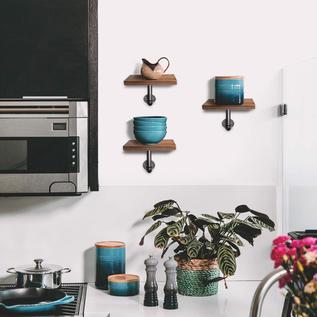 Navaris Industrial Pipe Shelf Set - 3 Small Wooden Shelves with Black Pipe Brackets - 5.9" x 7.9" Wall-Mounted Wood Shelving - Size S, Dark Brown