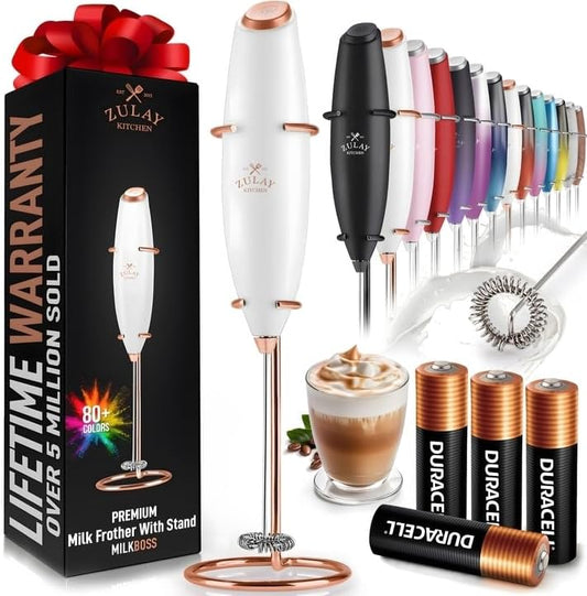 Zulay Kitchen Powerful Milk Frother Wand With 4 AA Duracell Batteries - Ultra Fast Handheld Drink Mixer - Electric Whisk Foam Maker for Coffee, Lattes, Cappuccino, Matcha & Creamer -