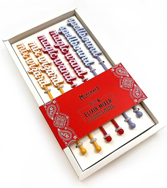 Elixir Mixer Cocktail Stirrers, Drink Stirring Swizzle Sticks, Colorful Words, Set of 6