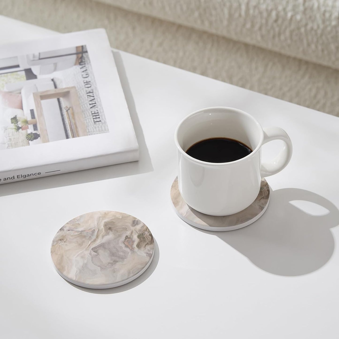 Set of 6 Abstract Marble Coasters with Holder, Absorbent Ceramic Coasters for Drinks, Coasters with Cork Backing for Table Protection, Housewarming Gifts for New Home