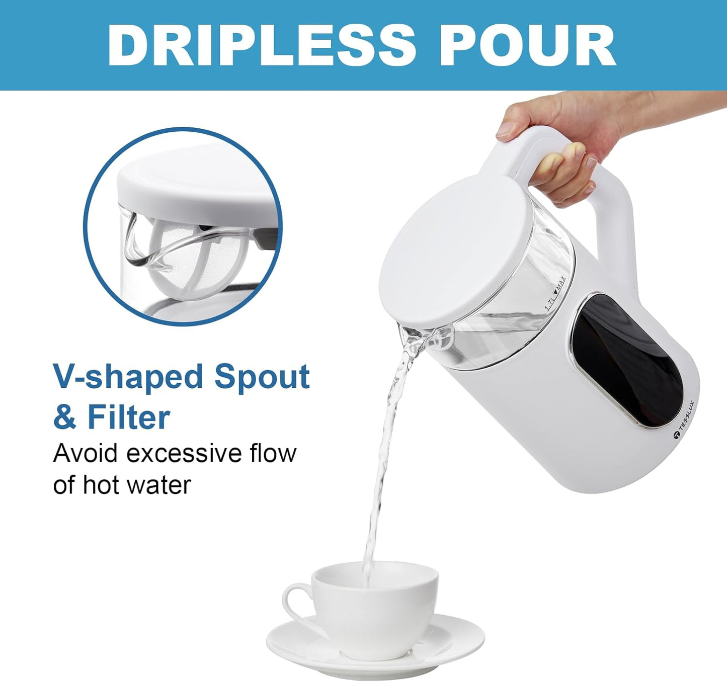 Electric Kettle, 1500W Fast Boiling Glass Water Kettle with Temperature Control, 1.7L Cordless Stainless Steel Base, Keep Warm & Auto Shut-Off, BPA-Free, White