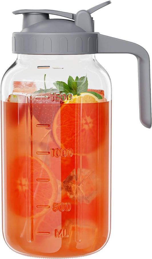 Glass Mason Jar Pitcher, 64 oz Wide Mouth Jug with Pour Spout Handle Lid for Cold Brew Coffee, Ice Beverage, Iced Juice, Lemonade, Sun Tea, Fruit Drinks Container