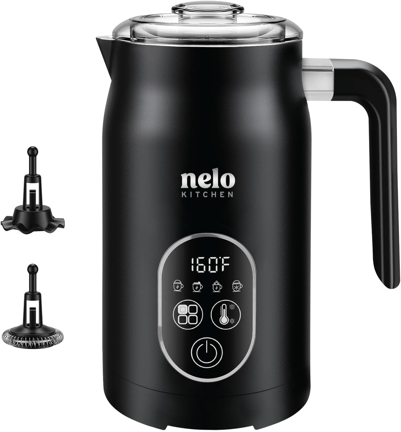 NELO Electric Milk Frother, 4 In 1 Digital Milk Frother and Steamer with Real-Time Temperature Control, Automatic Frother for Coffee, Latte, Hot Chocolate, Cappuccinos, BPA Free Stainless Steel, Black