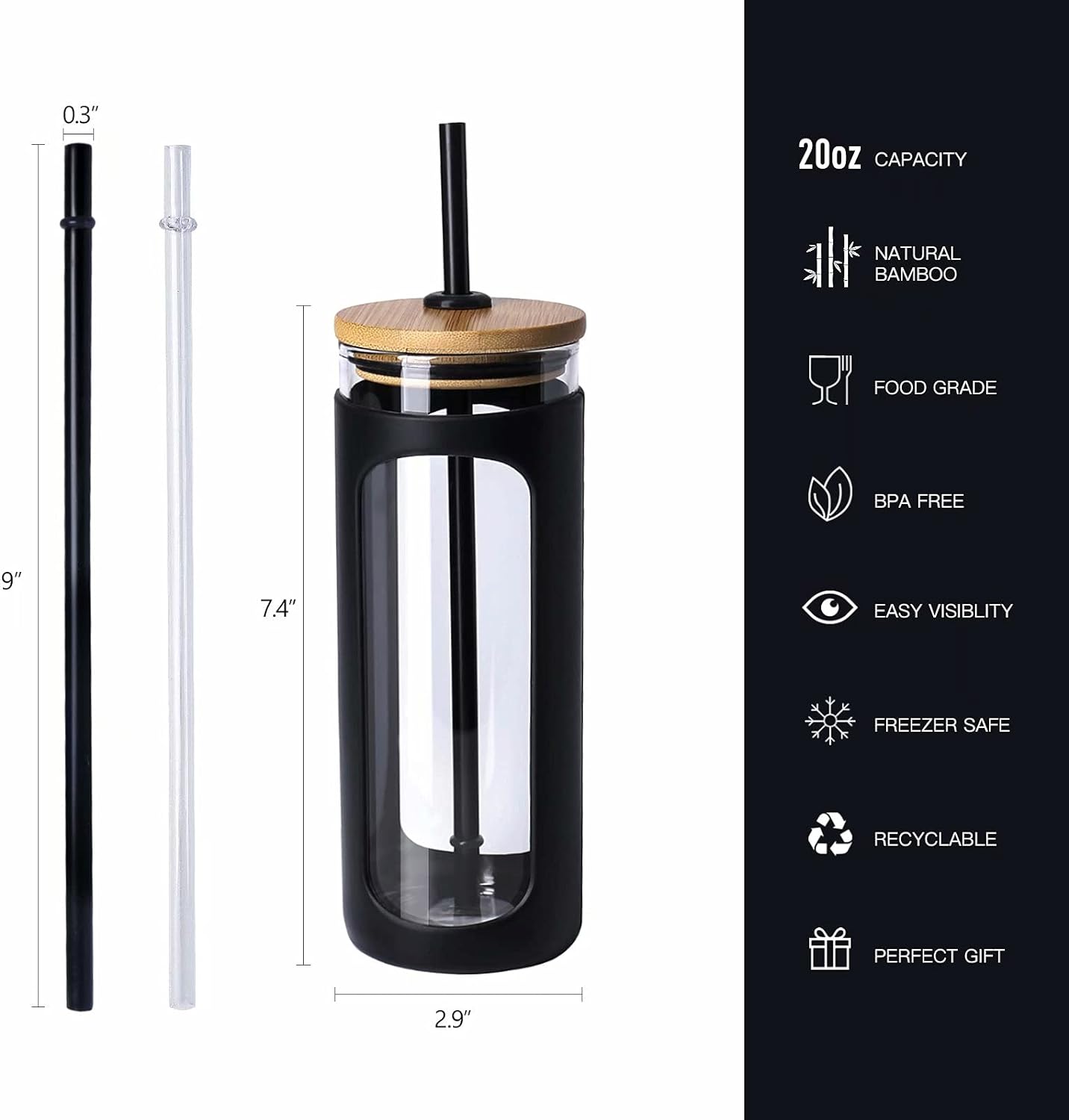 Kodrine 20oz Glass Tumbler with Straw and Lid, Bamboo Lids Water Bottle, Reusable Iced Coffee Cups, Wide Mouth Smoothie Cup with Protective Silicone Sleeve BPA FREE-Black+Amber-2pack