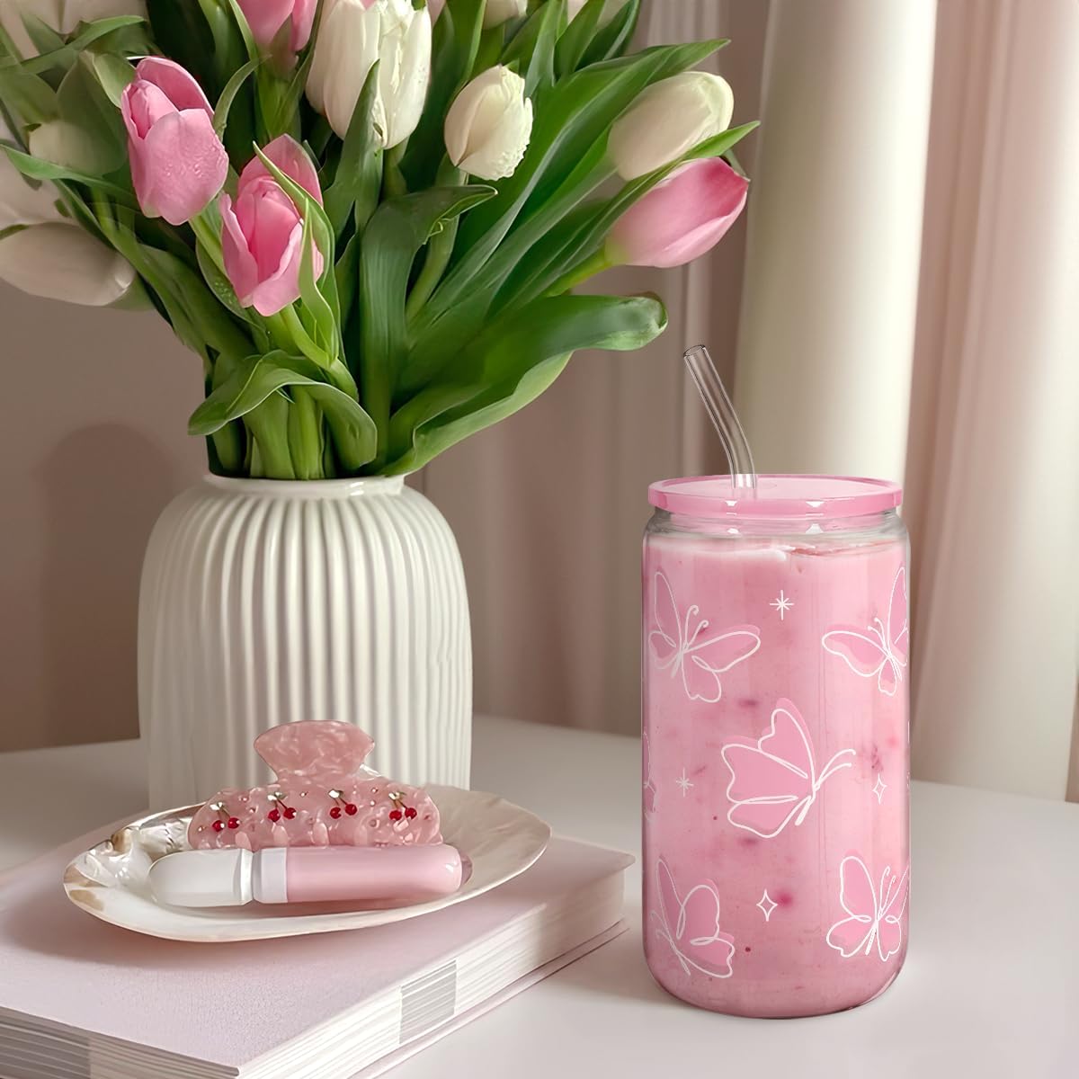 Butterfly 16 Oz Can Glass Tumbler with Acrylic Lid and Straw - Iced Coffee Cups for Women, Aesthetic Glass Cup Gift for Birthday Christmas