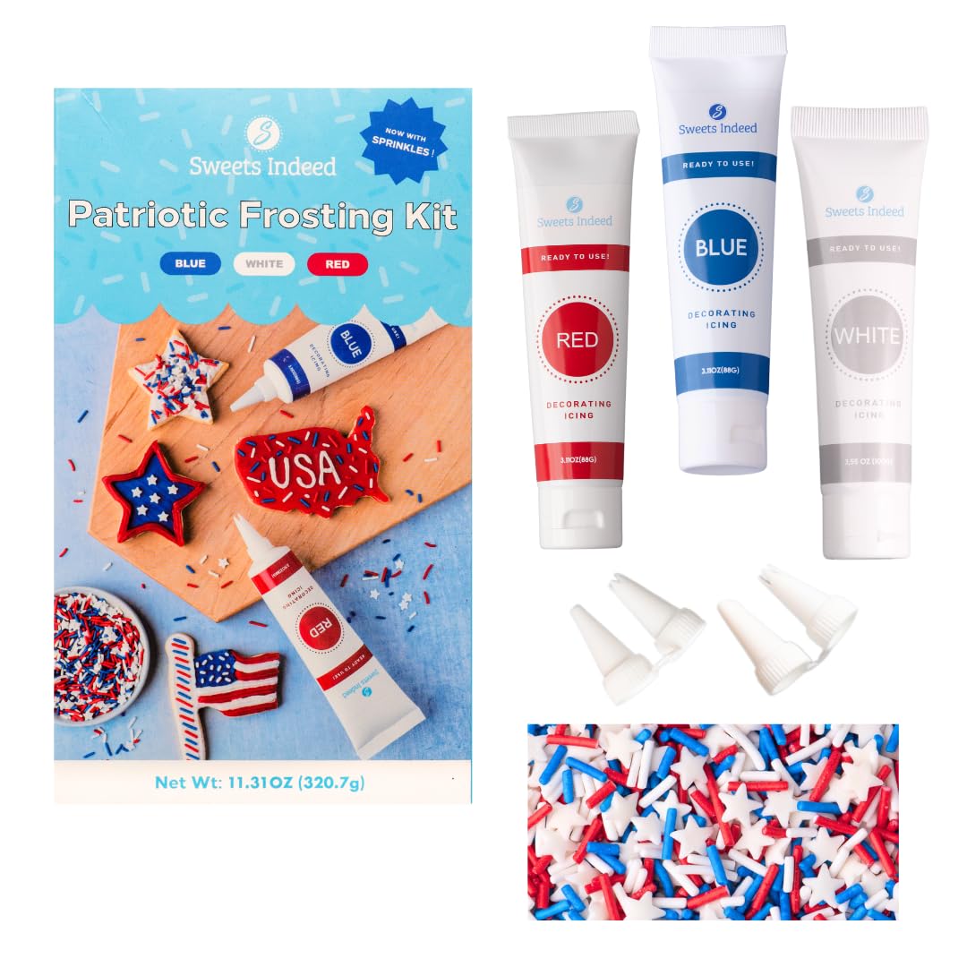 Sweets Indeed Frosting Kit plus Sprinkles Frosting Tubes nozzles 11.71 ounces Perfect for baking and cookie decoarting (Patriotic)