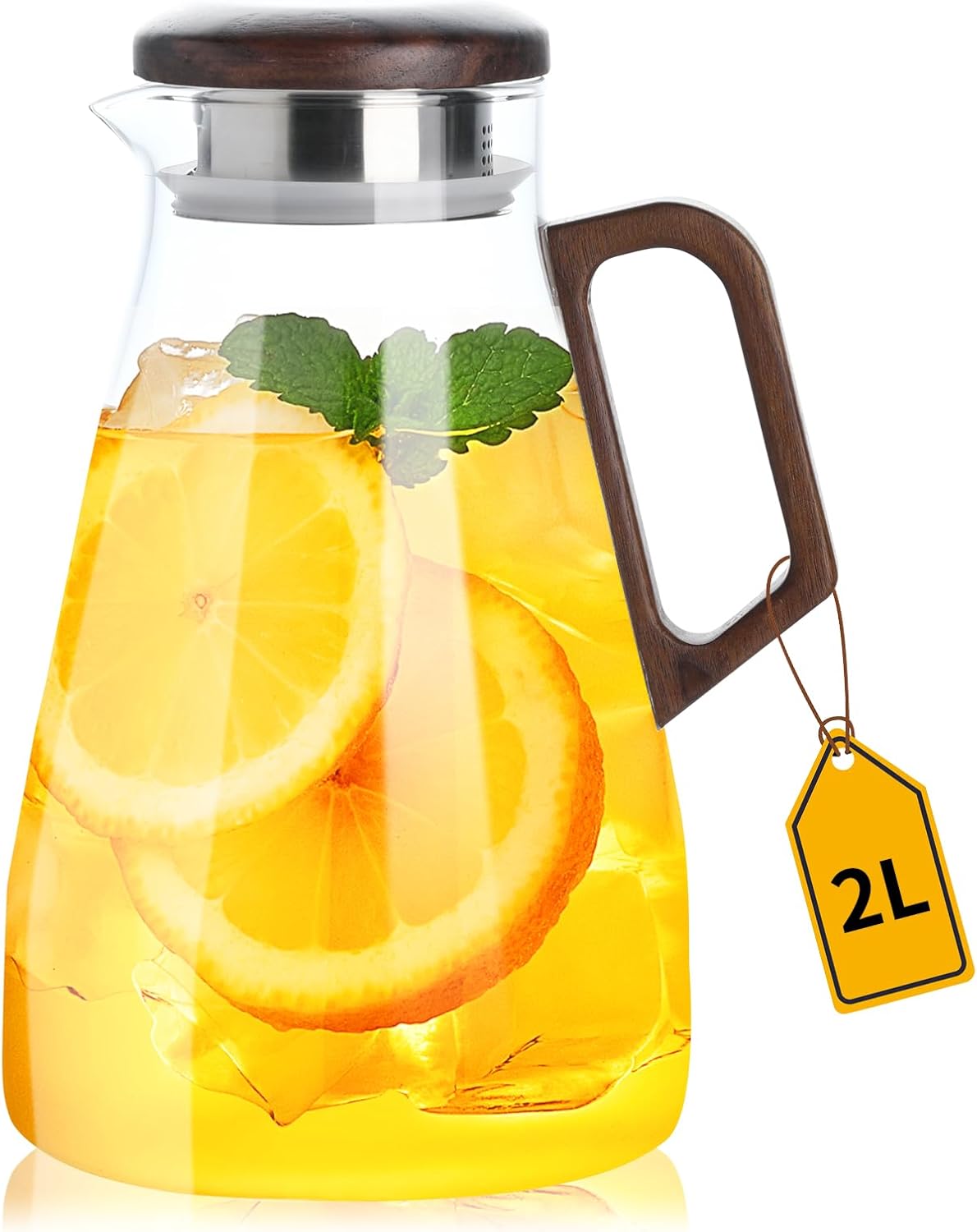 2L Glass Pitcher with Lid and Spout, Water Jug, 68OZ Carafe for Hot/Cold Water, Large Iced Tea Pitcher for Coffee, Juice and Homemade Beverage