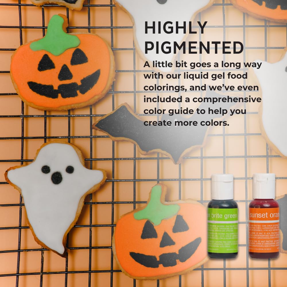 Chefmaster - Halloween Colors Liqua-Gel Food Coloring Kit - Water-Based Food Coloring Gel - 4 Pack - Highly Pigmented, Create Vividly Colored Desserts, Easy-To-Blend Formula - Made in the USA