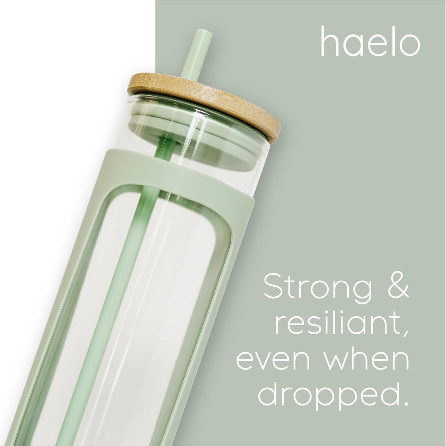 haelo 20oz Glass Tumbler Water Bottle, Iced Coffee Cup with Straw, Silicone Protective Sleeve, Bamboo Lid Reusable BPA Free (Dune)