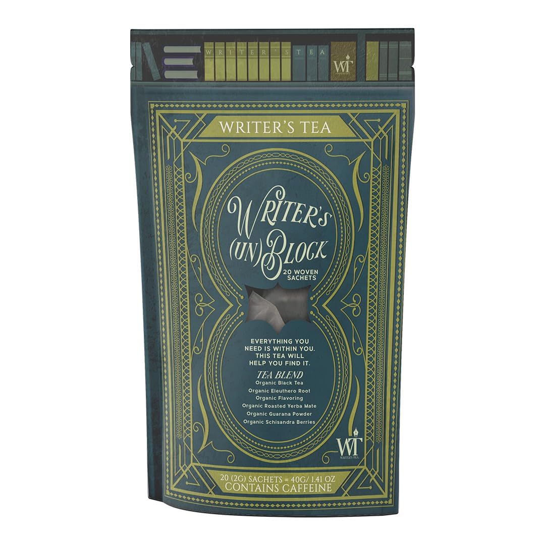 Writer's Tea Writer's (Un) Block - Focus Tea - Black Tea, Eleuthero Root, Flavoring, Roasted Yerba Mate, Guarana Powder, and Schisandra Tea Blend - Contains Caffeine - 20 Woven Sachets