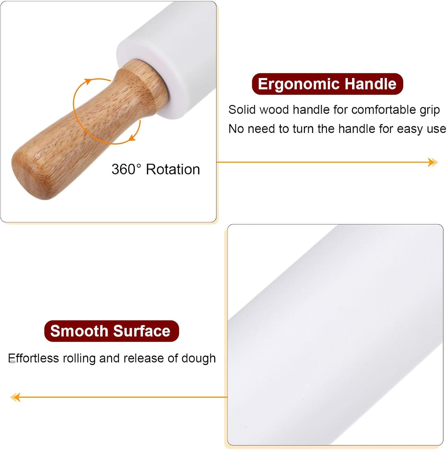 HARFINGTON Silicone Rolling Pins for Baking 14.96 Inch Non-Stick Silicone Surface Wooden Handle Rolling Pin Small Roller Playdough Rolling Pins for Fondant Kitchen Dough Pizza, White
