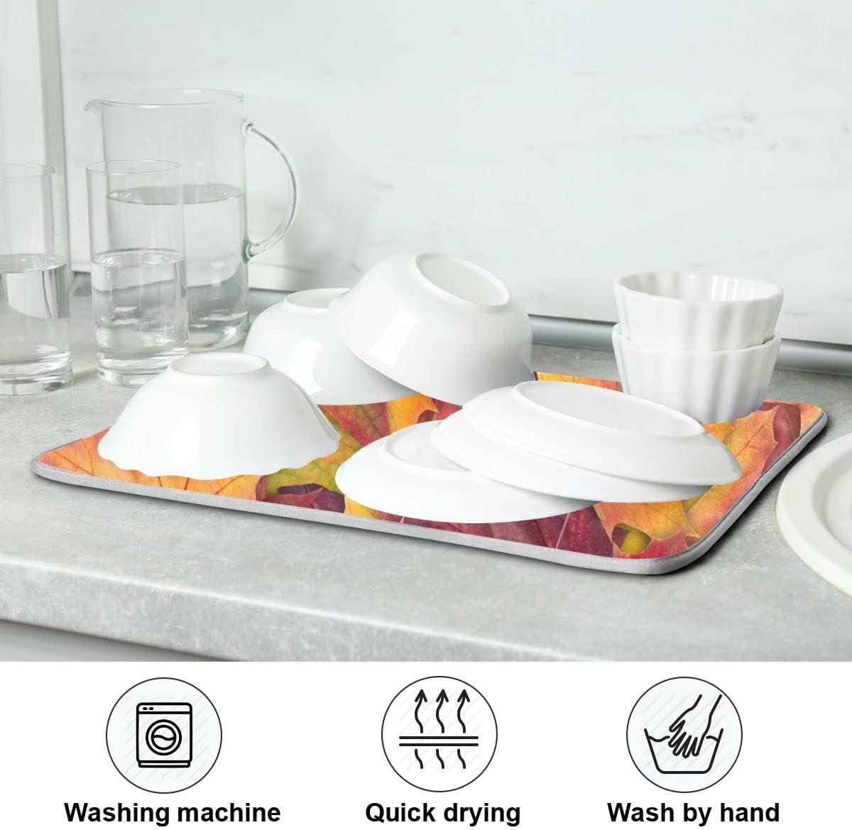 Colorful Autumn Maple Leaves Dish Drying Mat for Kitchen Counter Fall Drying Mat 18 x 24 Inch with Absorbent Reversible Microfiber Dish Drying Pad Dish Rack Drainer Mats for Coffee Bar