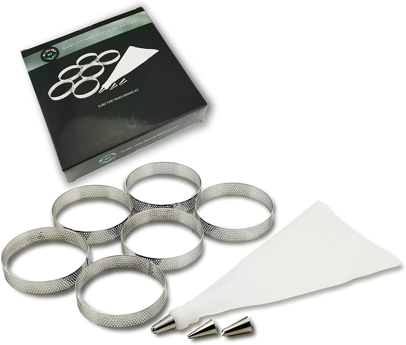 NewlineNY Stainless Steel French Pastry Tart Ring Baking Kit - 6 Perforated Round Dessert Rings + 3 Nozzles + 1 Sample Decorating Piping bag Kit