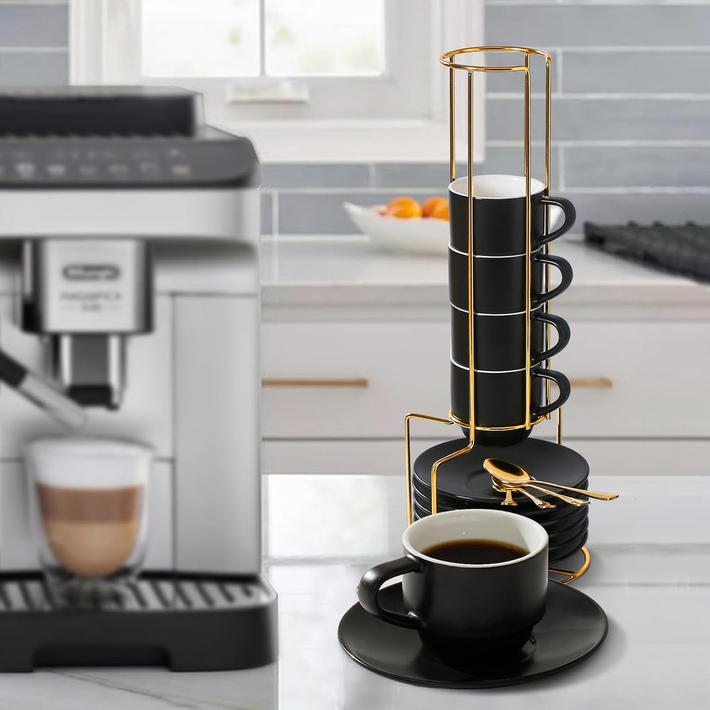 Lareina Porcelain 3-Ounce Espresso Cups Set of 6, Small Stackable Coffee Cups with Saucers, Spoons and Metal Stand - Ceramic Demitasse Mugs, Double Shots Expresso Cup, Matte Black