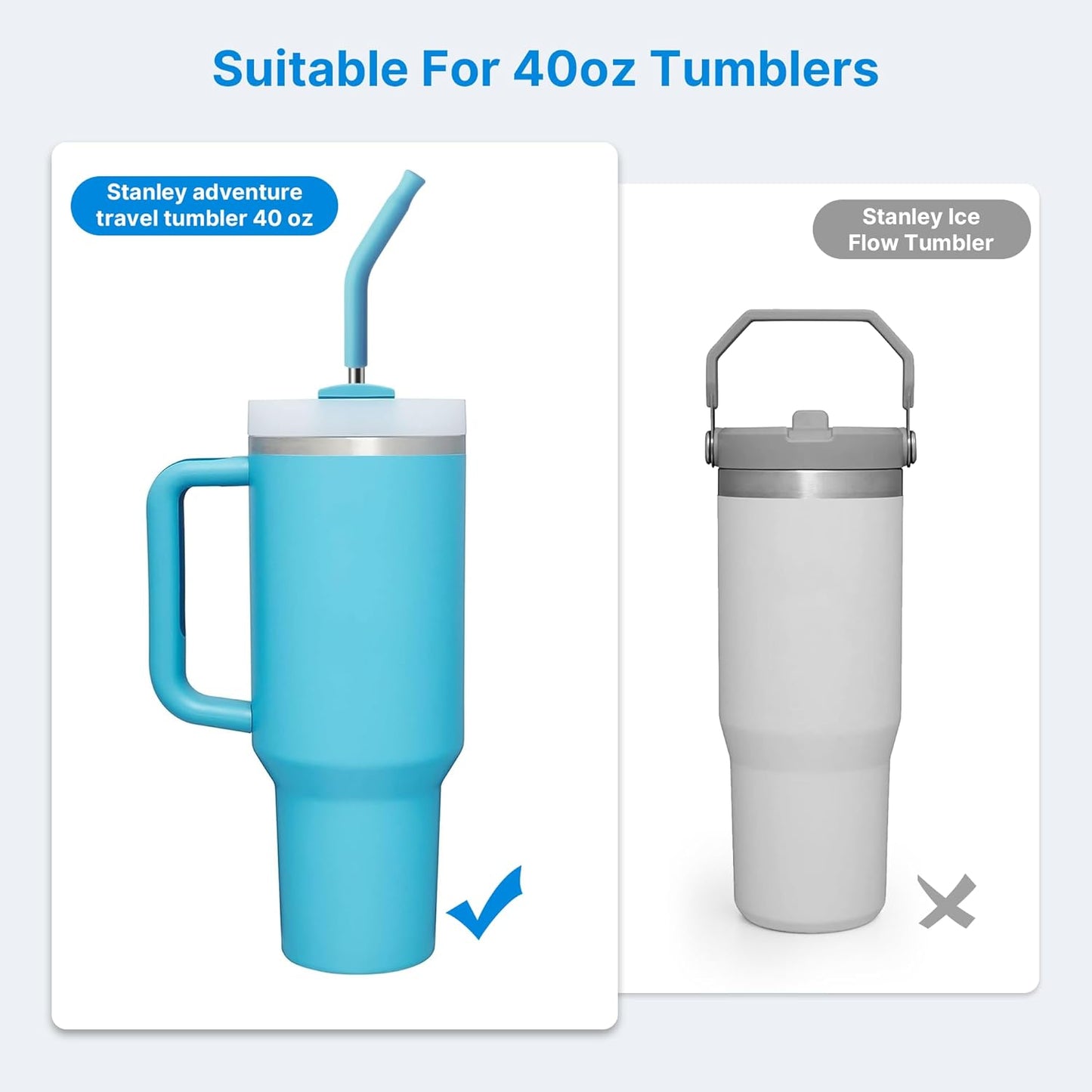 2 Pcs Stainless Steel Straws for 40 oz Stanley Tumbler, Replacement 40 oz Stanley Cup Straw Accessories with Silicone Tips and Cleaning Brush (Sky Blue)