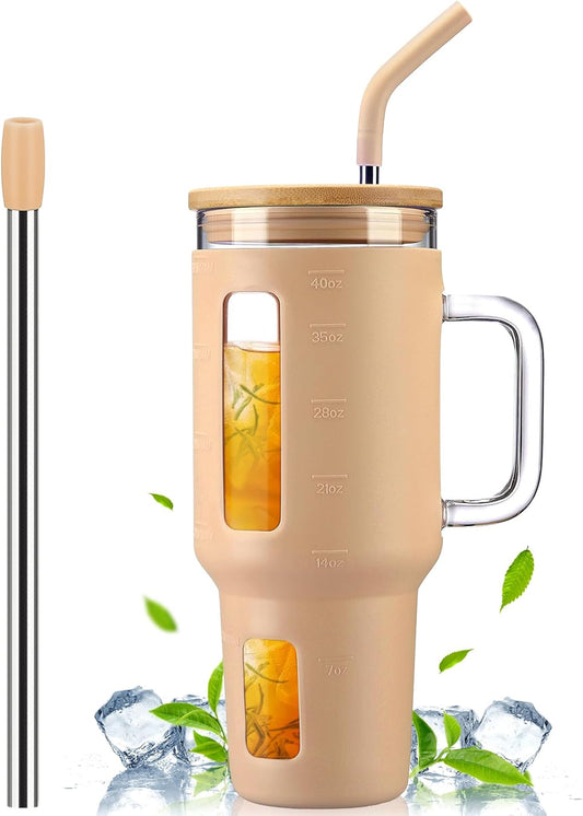 Kodrine 40 oz Glass Tumbler with Handle, Iced Coffee Tumbler with Straw and Bamboo Lid, Glass Drinking Cup with Silicone Sleeve Time Marker, Water Bottle Dishwasher Safe, Cup Holder Friendly, Amber