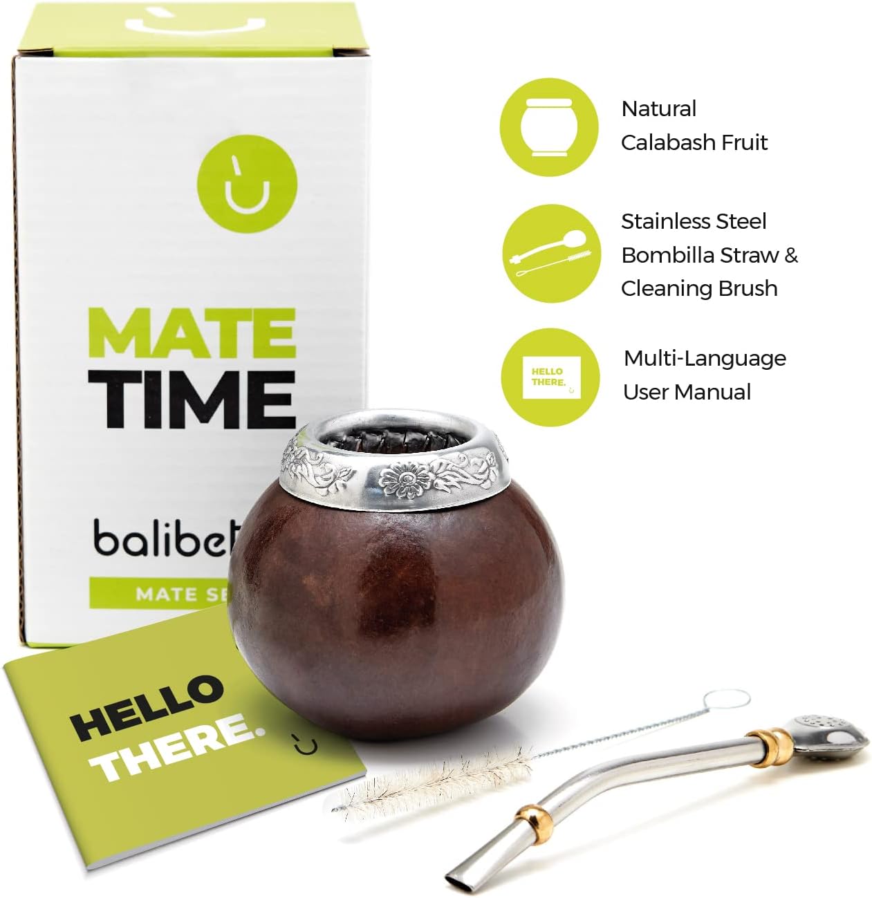 BALIBETOV Yerba Mate Gourd Set (Original Natural Handmade Yerba Mate Cup Argentina) - Includes Mate Tea Cup, Bombilla (Mate Straw) and Clean Brush - Classic Mate Cup and Bombilla (Dark Brown)