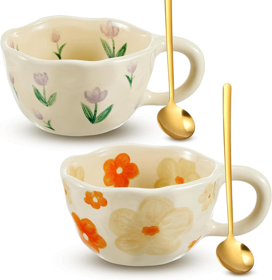Vesici 2 Pcs Ceramic Coffee Mugs Flower Cups with Spoon Vintage Floral Mugs with Handle 8.5 oz Aesthetic Tea Porcelain Cup Gift for Valentine Office Home, Dishwasher and Microwave Safe(Charming)