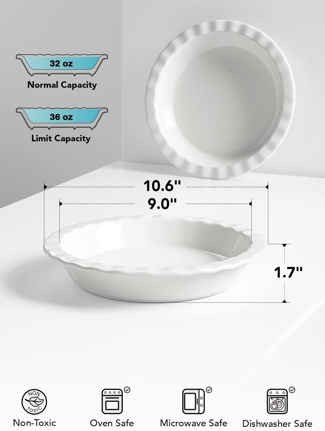 LE TAUCI Ceramic Pie Pans for Baking, 9 Inches Pie Plate for Apple Pie, Round Baking Dish, 36 Ounce Fluted Dish Pie Pan, Set of 2, White