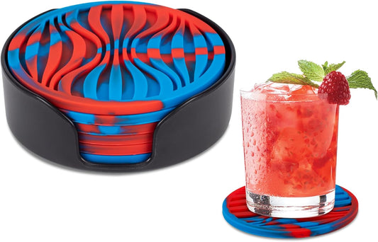 6 Pack Rubber Drink Coasters,Coasters for Drink with Holder,Silicone Cup Mat Non-Stick,Non-Slip,Thickened Live for Hot or Cold Drink(Blue Red)