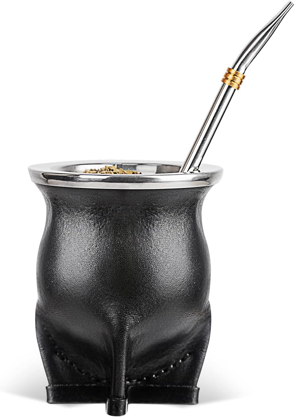 Ceramic Liner Yerba Mate Cup Argentina Gourd with Mate Bombilla Straw, Cleaning Brush (Black)