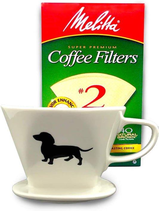 Dachshund Ceramic Coffee Pour Over or Dripper with Full Box of 40 Melitta Brown Size #2 Filters