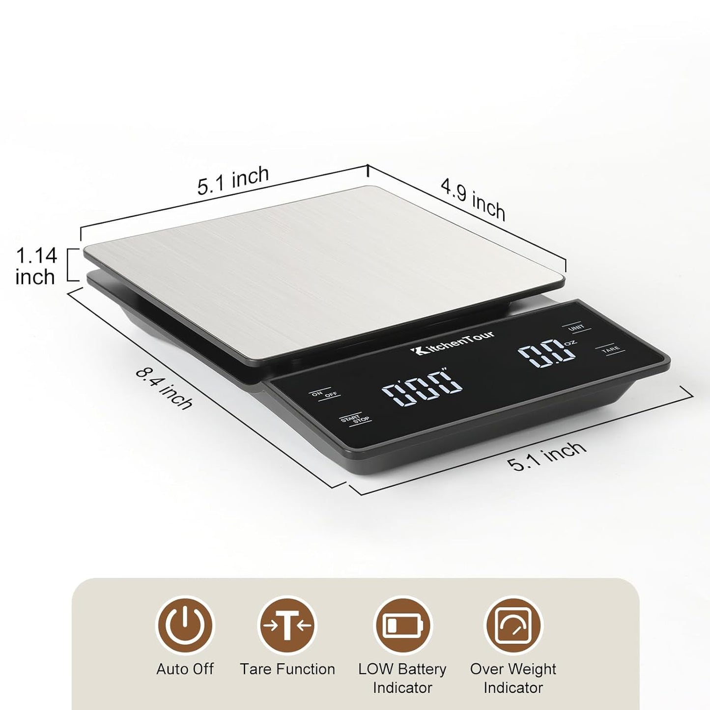 KitchenTour Coffee Scale with Timer 3kg/0.1g - High Precision Pour Over Drip Espresso Scale with Back-Lit LCD Display - Stain Steel Platform(Batteries Included)