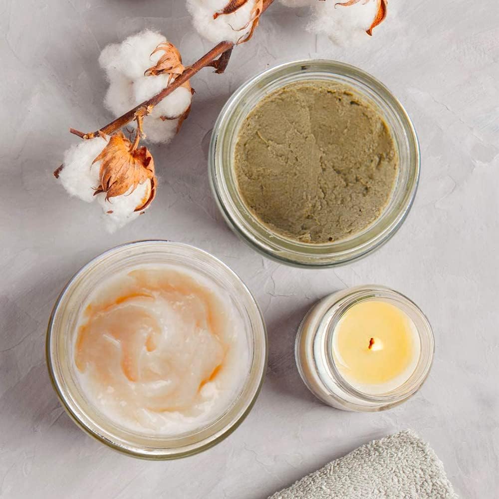 Bumobum 2 oz Glass Jars with Lids, 48 pack Clear Round Small Containers with White Lids, Blank Labels & Inner Liners, Empty Cosmetic Containers for Sample, Powder, Cream, Lotion