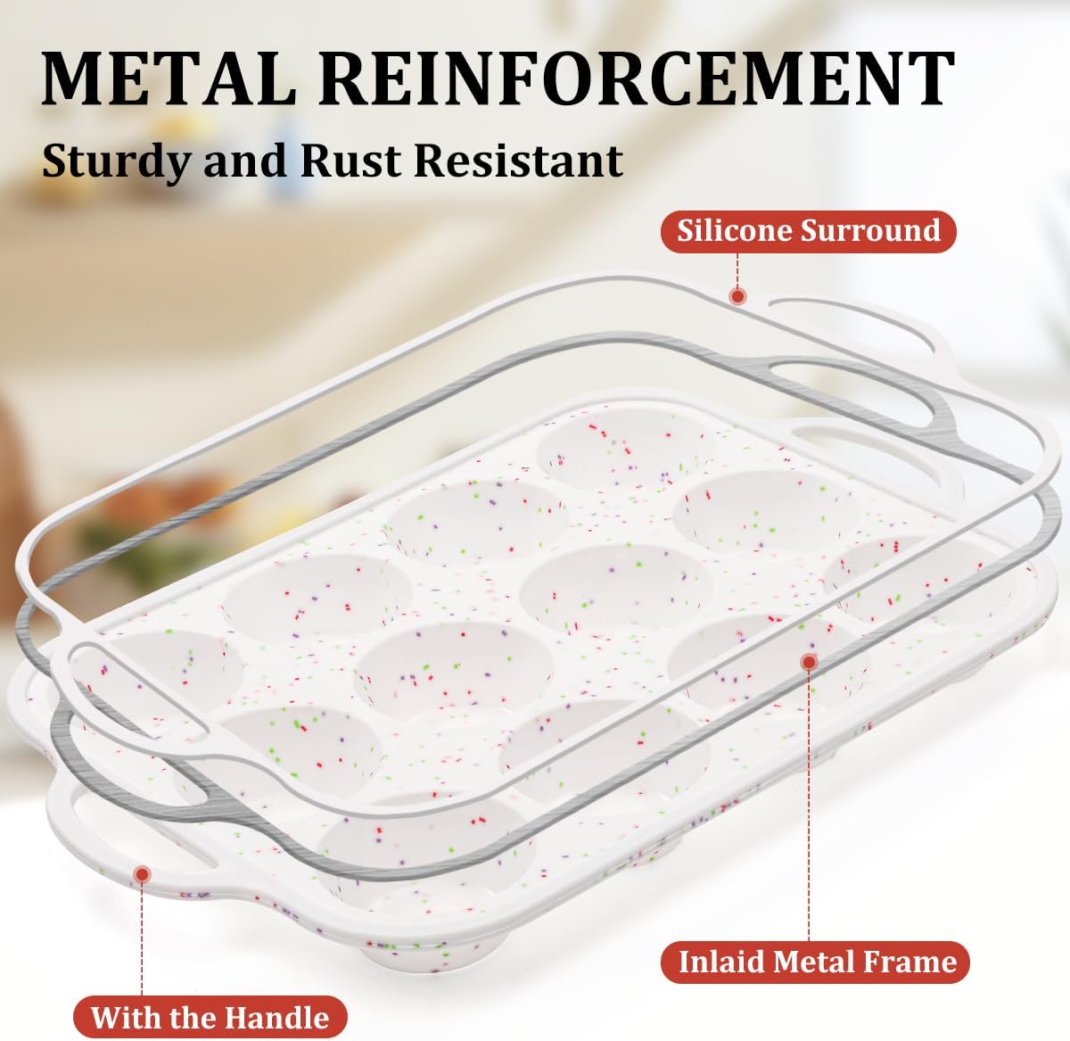 CAKETIME Silicone Muffin Pan with Metal Frame, Metal Reinforced Frame Regular Size Cupcake Pan with Handle 12 Cups Nonstick Muffin Pan for Baking BPA Free 2 Pack