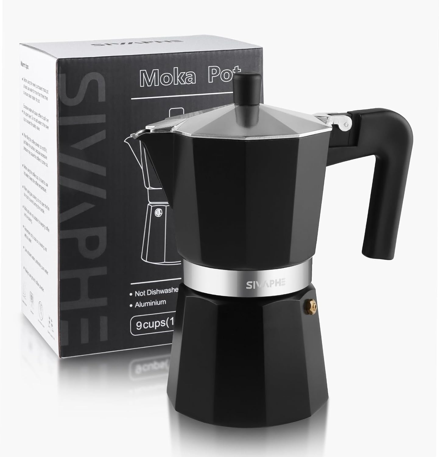 Sivaphe Aluminum Moka Pot 9 Espresso Cups, Percolator Espresso and Coffee Maker, Portable Stovetop Italian and Cuban Café Brewer for Home and Camping Black