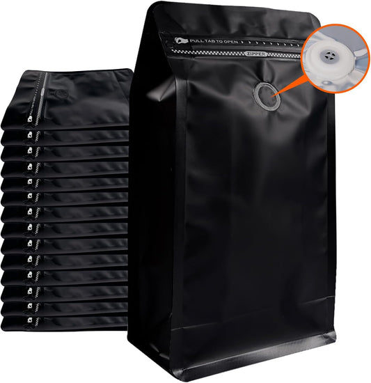Coffee Bags with Valve (50 PCS,16oz/1lb) Black High Barrier Aluminum Foil Flat Bottom Standing Coffee Beans Storage Packaging Bags, Reusable Heat Seal Side Zipper Pouches for Small Business and Home