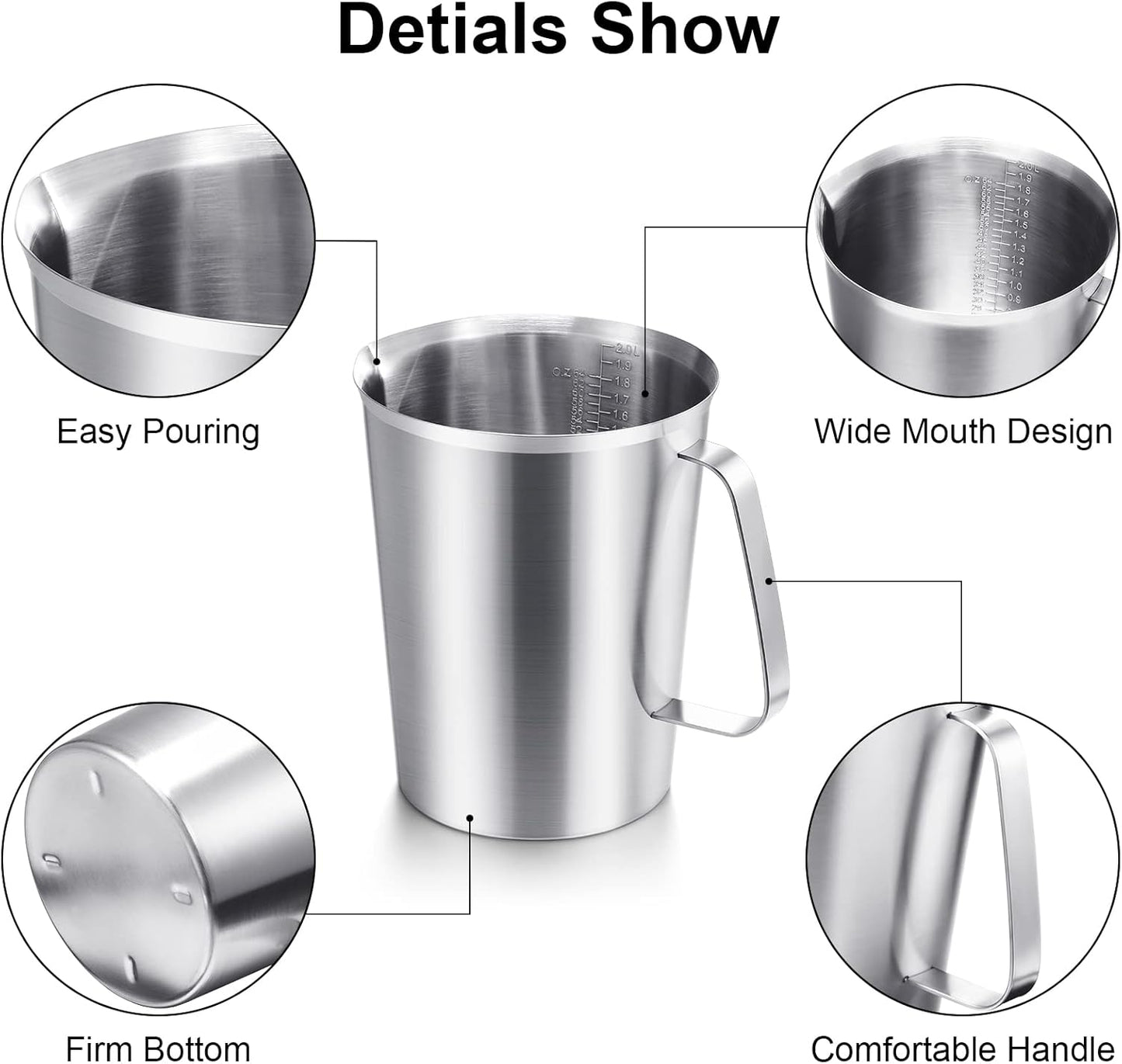 Flutesan 3 Pcs Stainless Steel Measuring Cups Measuring Pitcher with Handle with Markings for Latte Art, Water Pouring 2/4/8 Cup (16/32/64 oz)