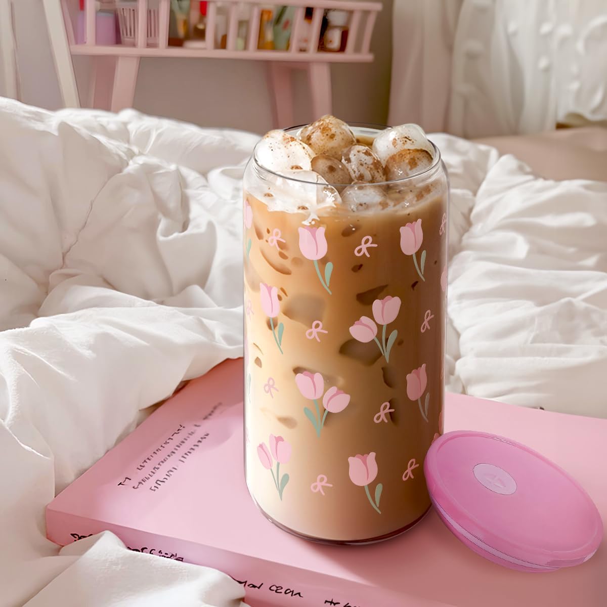 SANDJEST Floral Glass Can, Tulip Iced Coffee Aesthetic Cup, Gift for Christmas Birthday, Gifts for Women Girls, 16oz