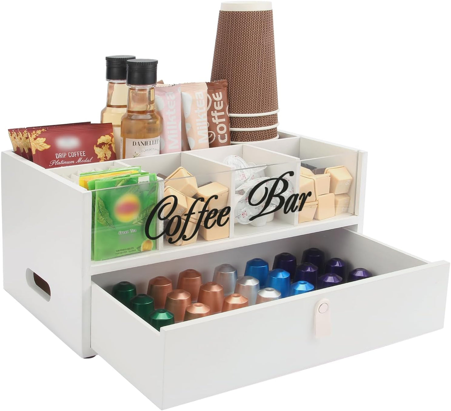 2-Tier Coffee Bar Organizer with Clear Acrylic Top, Built-in Drawer and Leather Handle Pull for Countertop, Stylish Coffee Station Storage Box for Accessories, Pods, Great Gifts for Home