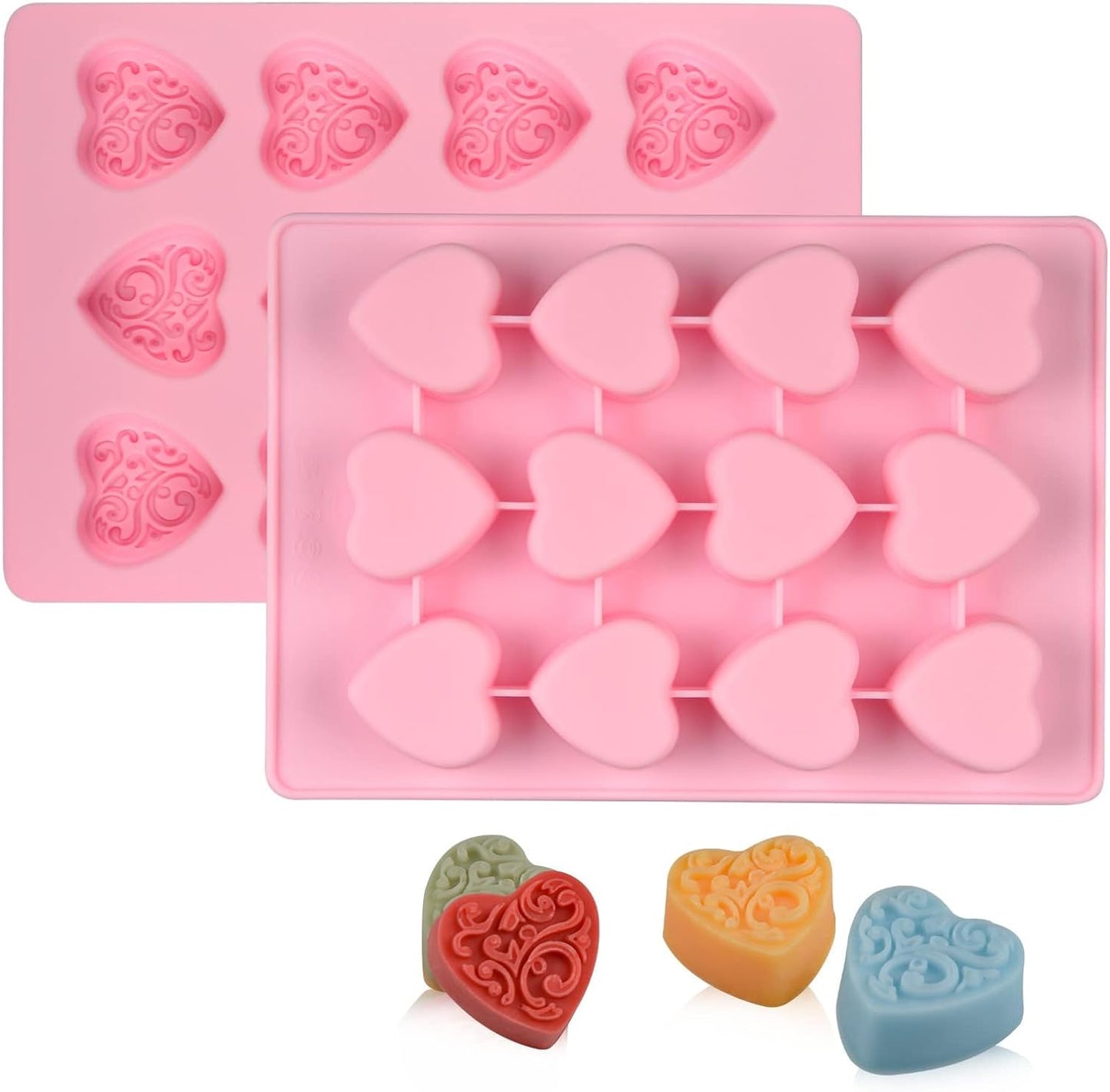Silicone Heart-Shaped Chocolate Molds - Set of 2 Non-Stick Candy Heart Molds Silicone, for Baking, Candy, Gummy, Food Grade - Pink