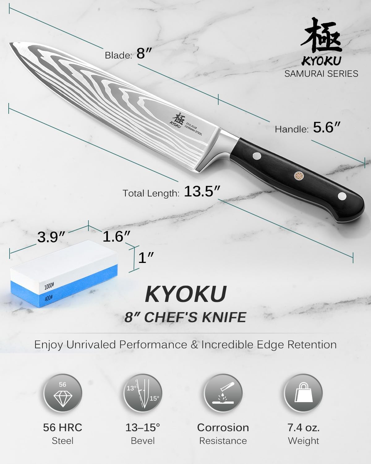 KYOKU 8" Chef Knife, Samurai Series Japanese Chef's Knife with Sharpening Stone, High Carbon Steel Kitchen Knife with Pakkawood Handle Mosaic Pin Gift Box for Meat Vegetable Fruit Chopping Slicing