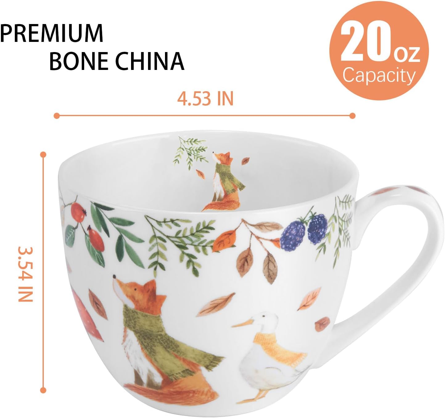 Autumn Forest Animal Mug - 20 oz Bone China Coffee Mug with Fox, Squirrel & Duck, Cozy Fall Gift for Nature Lovers and Friends, Designed in England by Harvest Green Studio