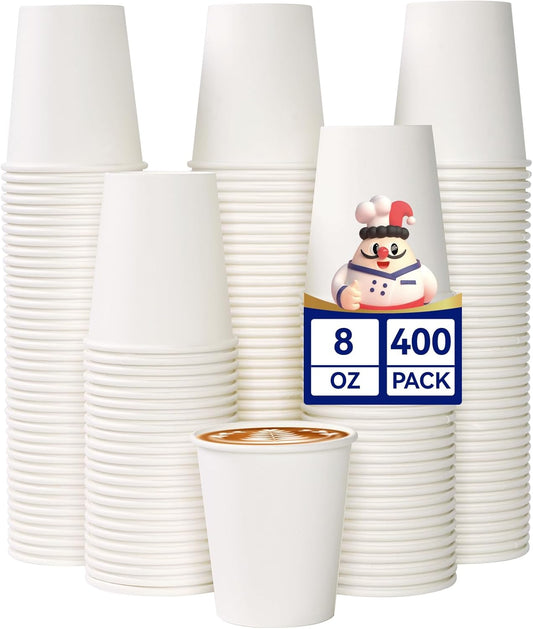 JOLLY CHEF 400 Pack 8 oz Paper Coffee Cups, White Beverages Drinking Cups for Coffee, Water Juice or Tea, Suitable for Party, Picnic, Travel, and Events
