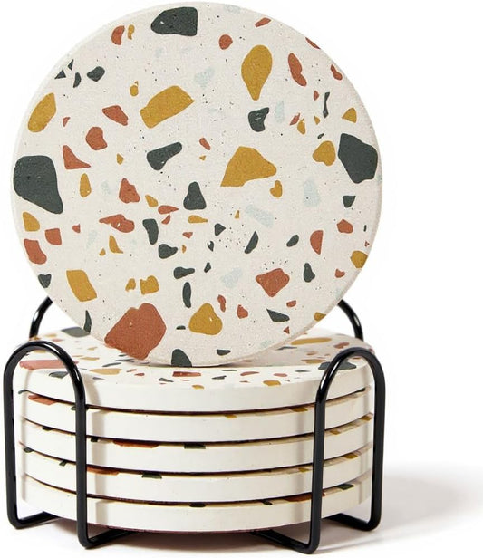 Absorbent Coaster Set of 6 with Holder, Drink Coasters for Coffee Table, Kitchen, Home Decor, Cute Ceramic Round Coasters, Alternative to Silicone, Cork or Glass Coaster (Sunset with Black Holder)