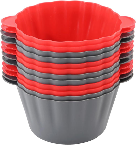 12 Pack Reusable Non-stick Large Silicone Baking Cups, 3.54 Inch Jumbo Silicone Cupcake Liners, Cake Molds with Handles, Large Muffin cups, Red and Gray
