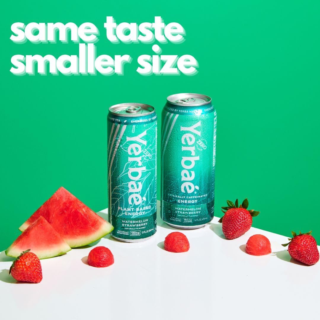 Yerbaé Energy Beverage, Watermelon Strawberry, 120mg Caffeine. No Sugar/Calories/Carbs, Energized by Yerba Mate, Plant-Based, Healthy Alternative to Sugary Drinks, Pack of 12, 12oz cans