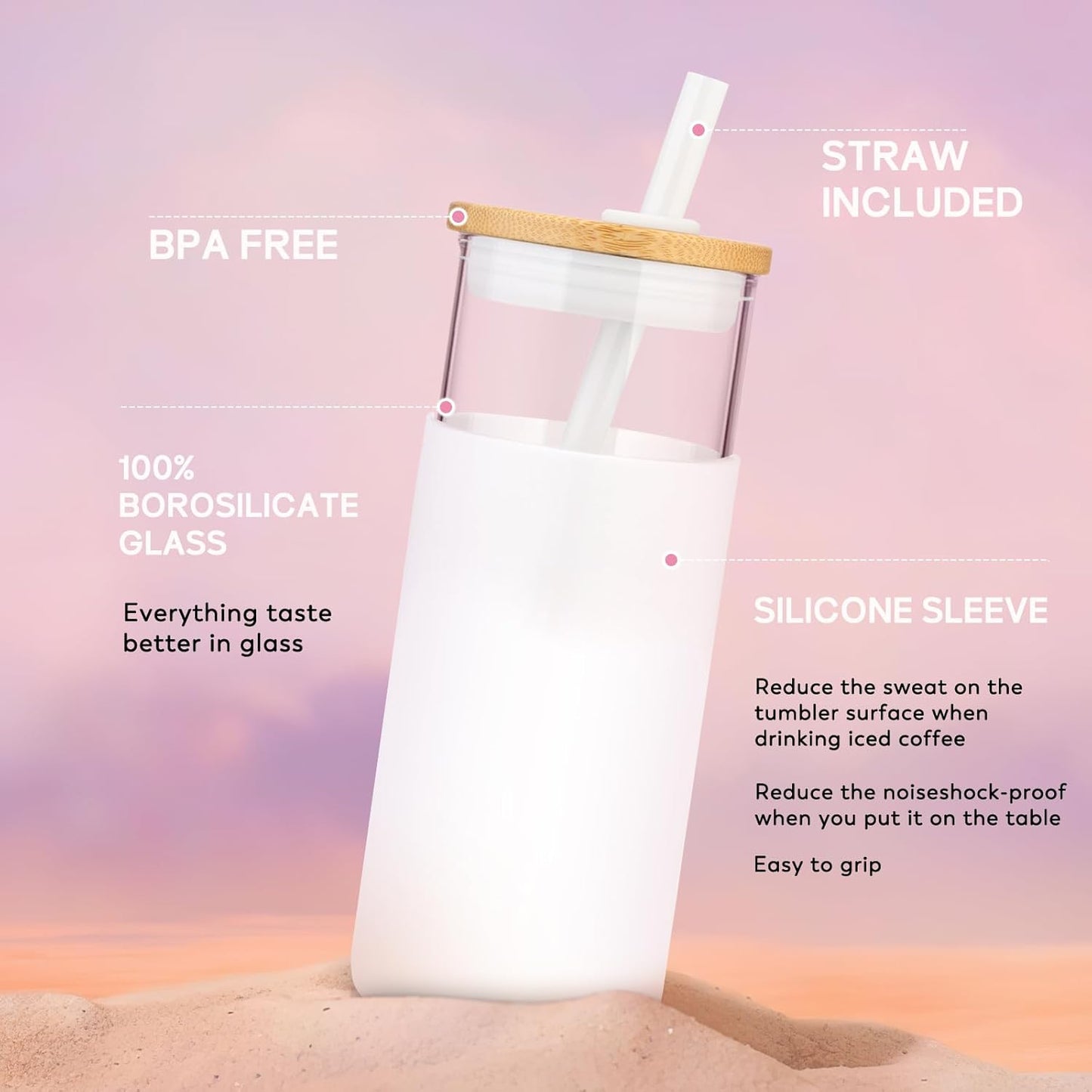 Tronco 20oz Glass Tumbler Glass Water Bottle Straw Silicone Protective Sleeve Bamboo Lid - BPA Free (Dot Pink/ 1 Pack)