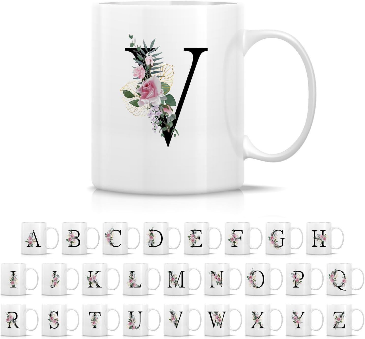 Retreez Initial A-Z Floral Botanical Bouquet Alphabet Monogrammed Monogram Mug 11 Oz Ceramic Tea Coffee Mugs - Appreciation Thank You Wedding Birthday Gifts for her friend coworker sister - V Initial