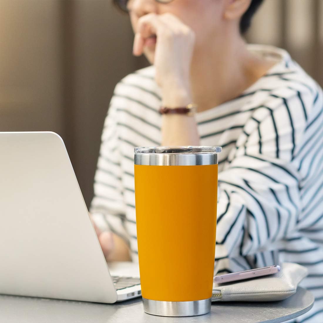 20oz Tumbler Bulk Stainless Steel Vacuum Insulated Tumblers with Lid Double Wall Travel Mug, Durable Powder Coated Coffee Cup, Suitable for Ice Drinks and Hot Beverage (Orange 1pack)