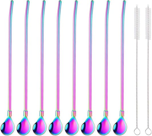 Straw Spoon, 8PCS 8.5inch Rainbow 18/8(304) Stainless Steel Metal Straws Reusable + 2 Brushes