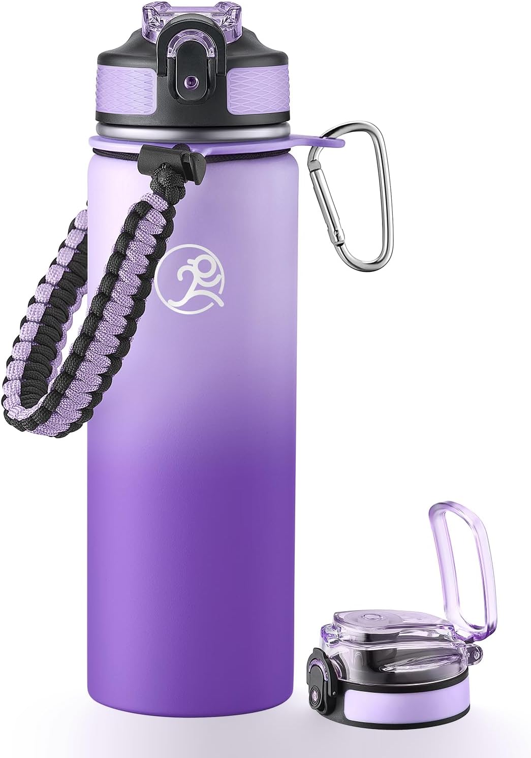 GOSWAG Insulated Sports Water Bottle, 24oz 2 Lids(with Straw/No Straw), Stainless Steel Water Bottles with Paracord Handle, Insulated Bottle with Double-Wall Vacuum Insulation